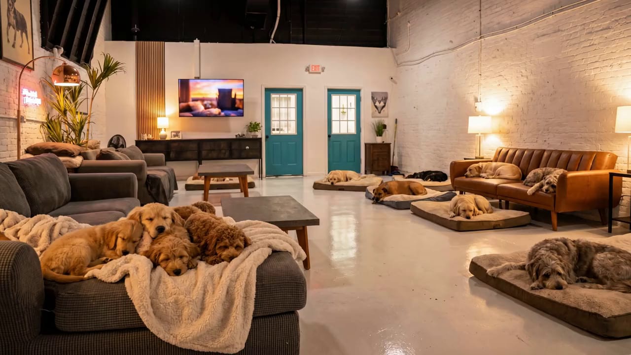 Fluffy puppies tucked under a cream blanket on the couch while other dogs sleep on plush beds around Allforthewag's lounge in warm evening light